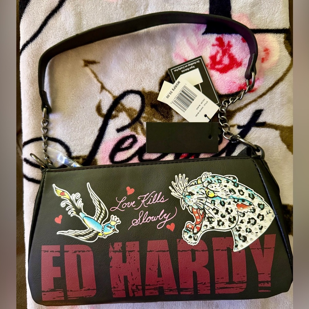 Ed Hardy Love Kills Slowly Leopard Tattoo Shoulder Bag NWT